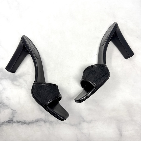 Gucci Vintage GG Monogram Canvas Leather Square Toe Block Heel Mules Black 8.5 - Picture 7 of 14